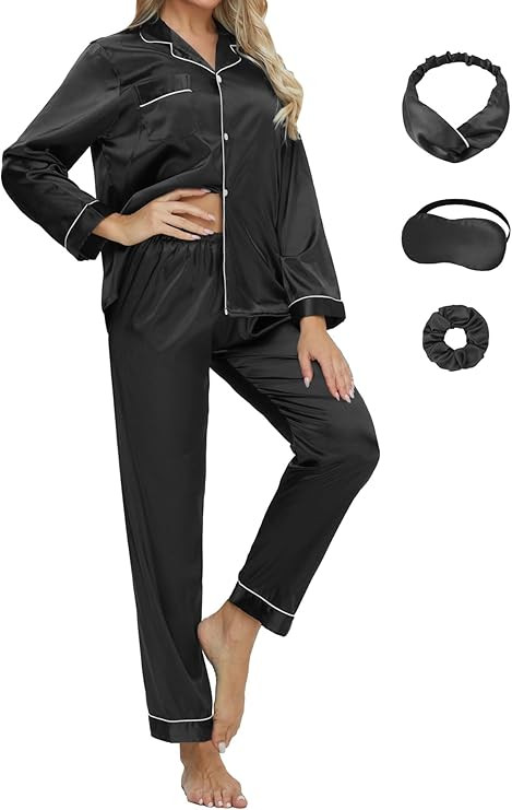 Women's Classic Silk Satin Pajamas Loungewear Two-piece Sets Button Sleepwear Loungewear with Bli... | Amazon (US)
