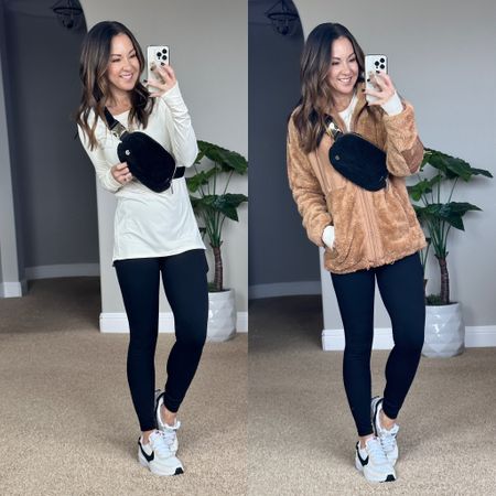 Cozy everyday fall outfit idea! This Sherpa zip up jacket is so warm and cozy! It’s fully lined with  a cinch waist and cuffs to keep the wind out. It has side pockets and 2 zipper pockets size small. Long sleeve brushed tech shirt xs. 25” leggings with pockets. Nike white neutral sneakers go up a 1/2 size. I linked a uggg Sherpa belt bag lookalike  

#LTKstyletip #LTKunder50 #LTKsalealert