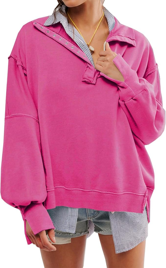 Oversized Sweatshirt for Women,Long Sleeve Button Collared Henley Sweat Shirts Pullover Tops | Amazon (US)