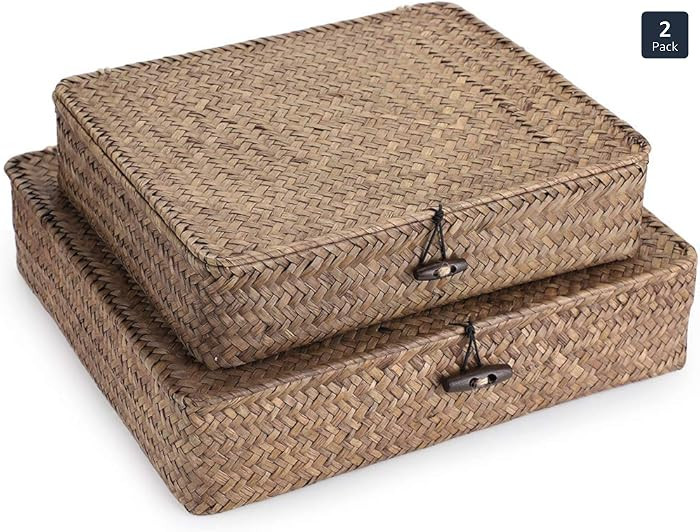 Hipiwe Set of 2 Flat Woven Wicker Storage Bins with Lid Natural Seagrass Basket Multipurpose Home... | Amazon (US)
