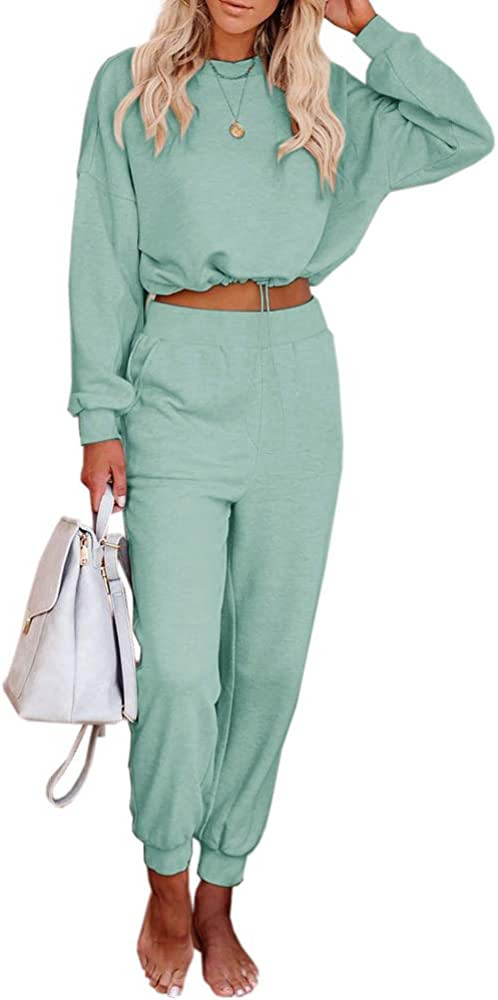 Eurivicy Women's 2 Piece Outfits Long Sleeve Drawstring Crop Top and High Waist Pocketed Joggers ... | Amazon (US)