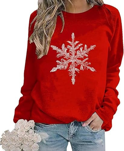 Womens Christmas Sweatshirts Snowflake Minimalist Harajuku Sweatshirt For Women Xmas Long Sleeve Crewneck Holiday Pullover Casual Christmas Snowflake Sweater Wine | Amazon (US)