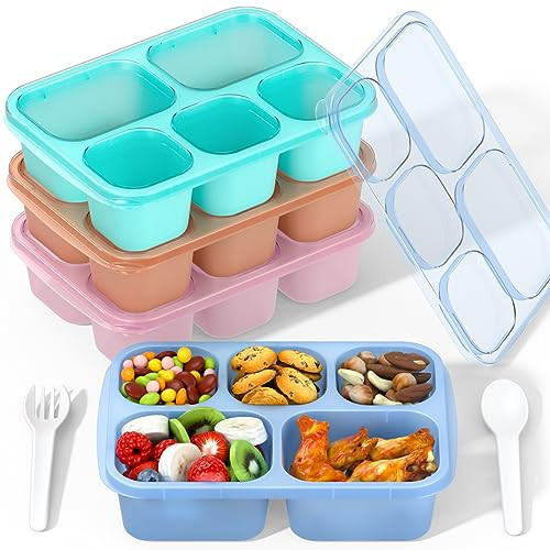 Bento Box Adult Lunch Box - 4 Pack, 5 - Compartment Meal Prep Container for Kids, Reusable Food Storage Snack Containers - Stackable for School, Work, and Travel (Transparent(Blue/Pink/Green/Yellow)) | Amazon (US)