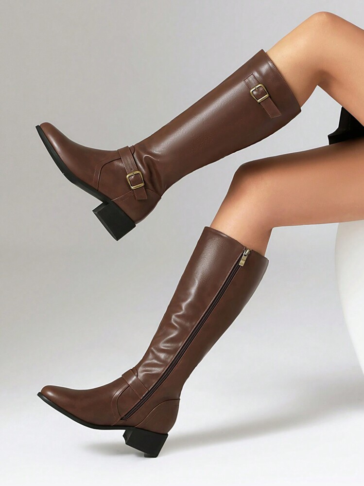 JIAOFEITI Women's Vintage Side Zipper Knee-High Boots, Round Toe Flat Riding Boots For Spring And Autumn | SHEIN