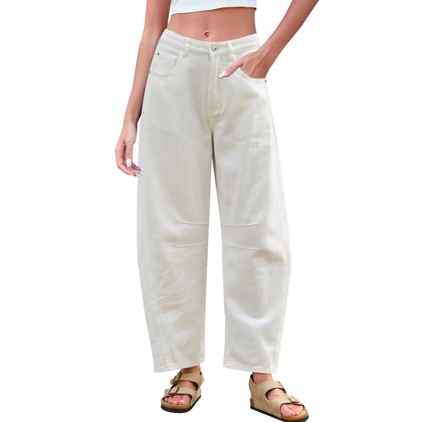 Bmisegm Mid Rise Barrel Jeans for Women Wide Leg Mid Waist Cropped Denim Pants Baggy Boyfriend Je... | Walmart (US)