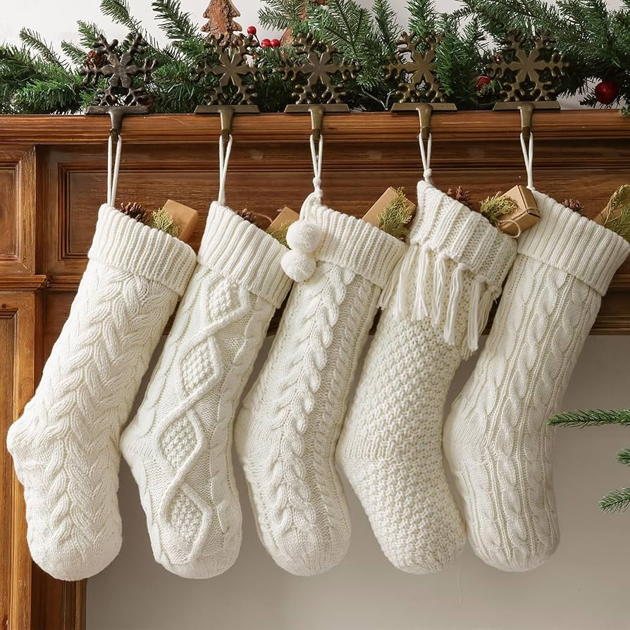 Farmhouse Knitted Christmas Stockings: 5 Pack 18 Inch Rustic Cable Knit Fireplace Stockings, Cozy... | Amazon (US)