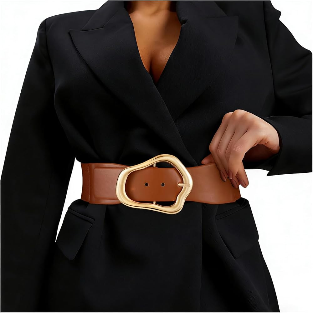 XZQTIVE Women Wide Elastic Waist Belt for Dresses Fashion Big Gold Buckle Stretchy Leather Waistb... | Amazon (US)