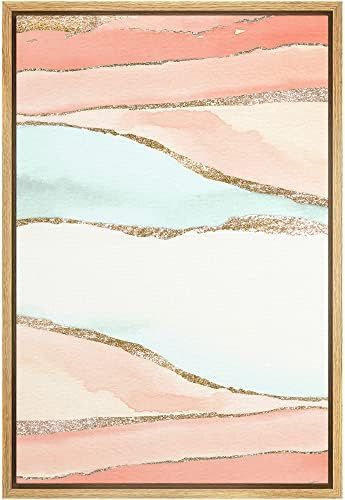MUDECOR Framed Canvas Print Wall Art Pink, Tan & Blue Watercolor Gradient Lined with Gold Abstrac... | Amazon (US)