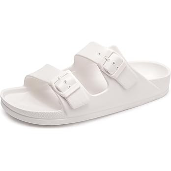 FUNKYMONKEY Women's Comfort Slides Double Buckle Adjustable Plastics Flat Sandals | Amazon (US)