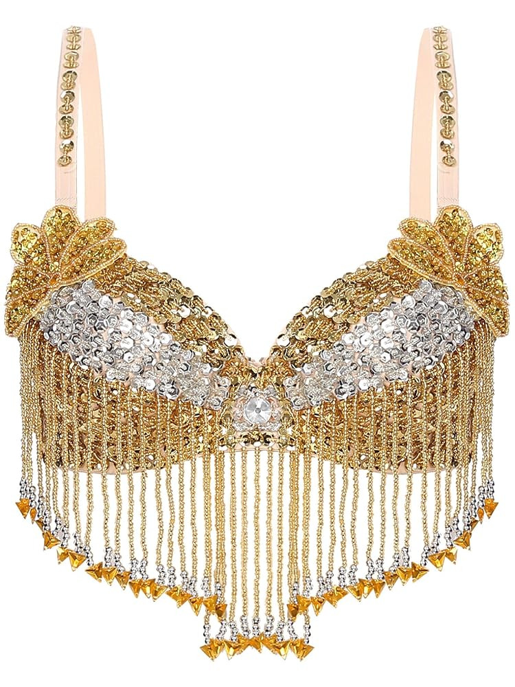 Women Beaded Fringe Halter Bra Top Shiny Tribal Tops Belly Dancewear for Halloween Theme Party | Amazon (US)