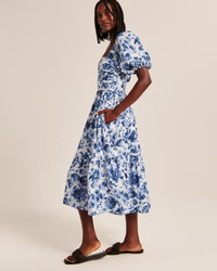 Women's Ruched Puff Sleeve Poplin Midi Dress | Women's Dresses & Jumpsuits | Abercrombie.com | Abercrombie & Fitch (US)