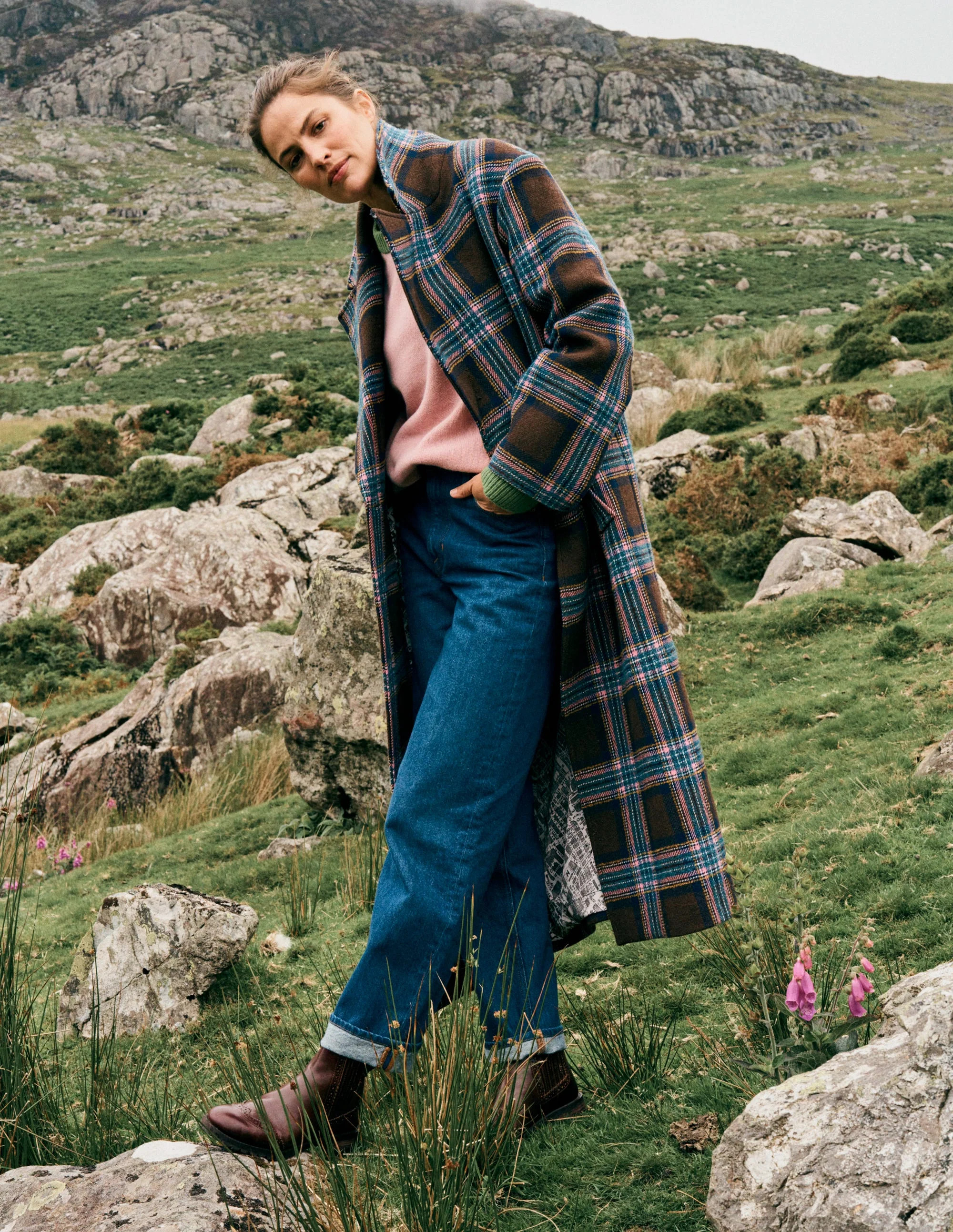 Cocoon Wool Coat-Brown, Teal and Pink Check | Boden UK
