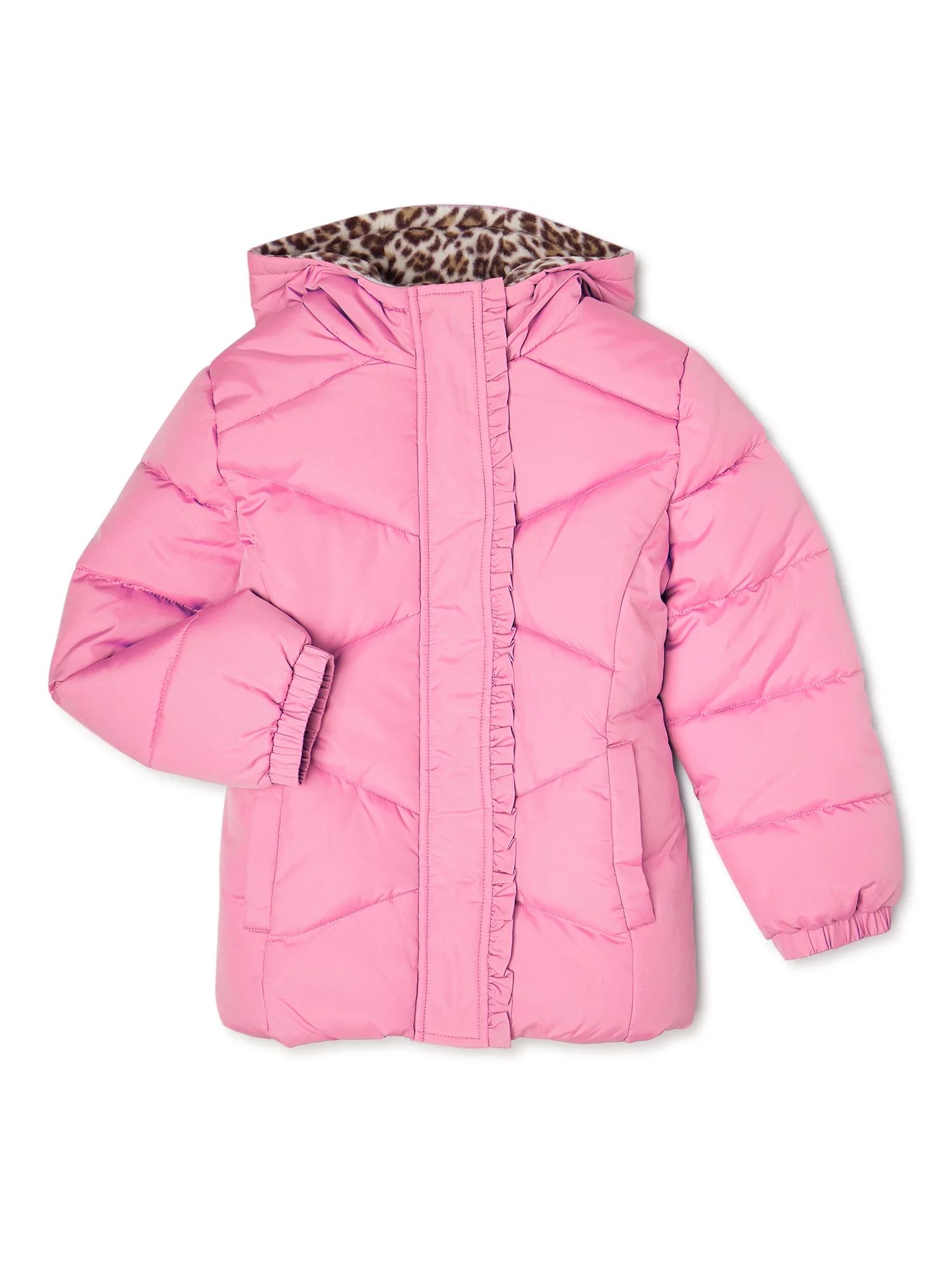 Pink Platinum Girls Solid Hooded Winter Puffer Coat with Leopard Print, Sizes 4-16 - Walmart.com | Walmart (US)