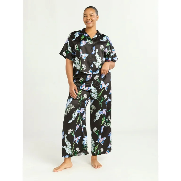 Joyspun Women’s Stretch Satin Top and Pants Pajama Set, Sizes S-3X | Walmart (US)