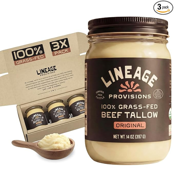 Lineage Provisions - 100% Grass-Fed & Finished Beef Tallow – 3-Pack Glass Jars – US-Raised Ca... | Amazon (US)