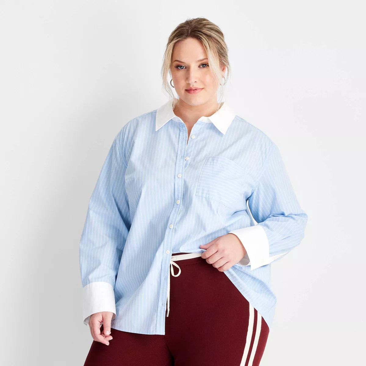 Women's Long Sleeve Oversized Button-Down Shirt - Future Collective Light Blue Striped 2X | Target