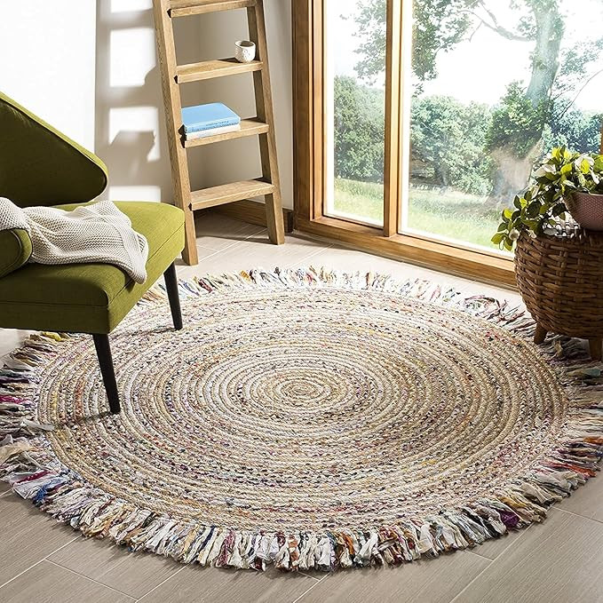 SAFAVIEH Cape Cod Collection 5' Round Ivory / Light Beige CAP206B Handmade Boho Fringe Jute & Cot... | Amazon (US)