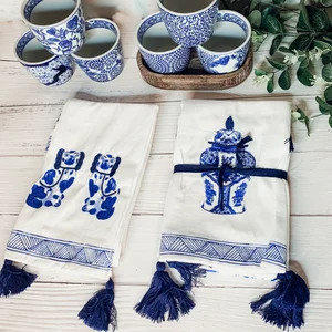 Blue Chinoiserie Dish Towels W Tassels Large Embroidery Dish | Etsy | Etsy (US)