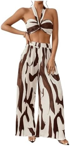 OYOANGLE Women's 2 Piece Vacation Outfits Graphic Print Knitted Crop Halter Top and Wide Leg Pant... | Amazon (US)