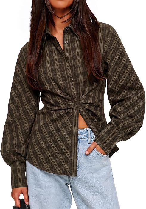 Cicy Bell Womens Ruched Button Down Shirts Puff Sleeve Dressy Casual Blouse | Amazon (US)