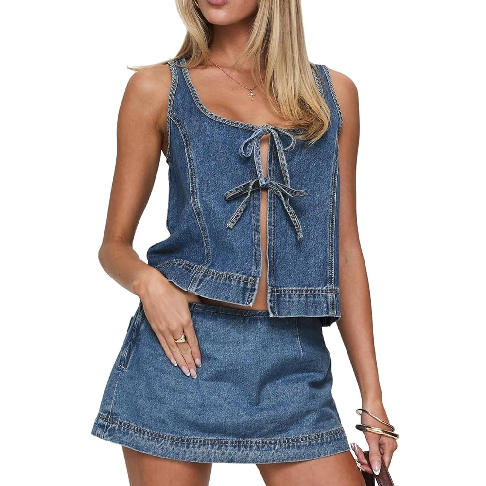 Molilove Women's 2 Piece Denim Outfits Tie Up Sleeveless Top Shorts Set Tracksuit Y2k Two Piece J... | Amazon (US)
