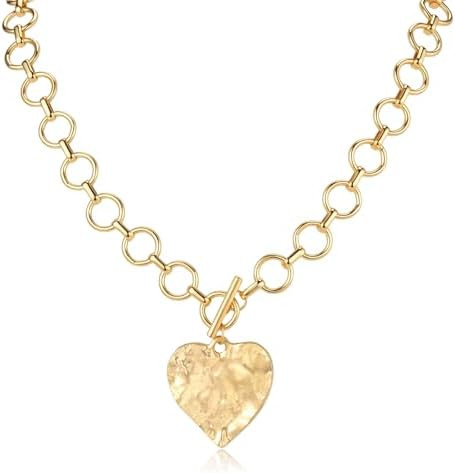 Chunky Gold Heart Necklaces for Women Chunky 14K Gold Plated Heart Pendant Necklace with Toggle C... | Amazon (US)