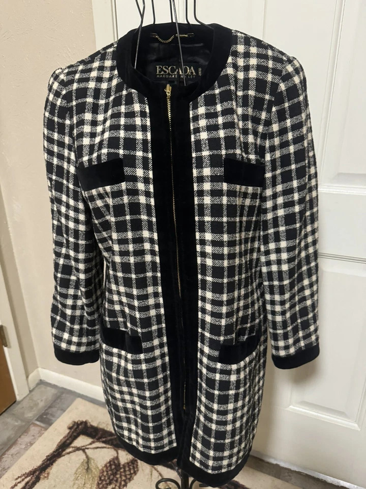 Vintage ESCADA wool black and white houndstooth blazer zipper front velvet 42  | eBay | eBay US