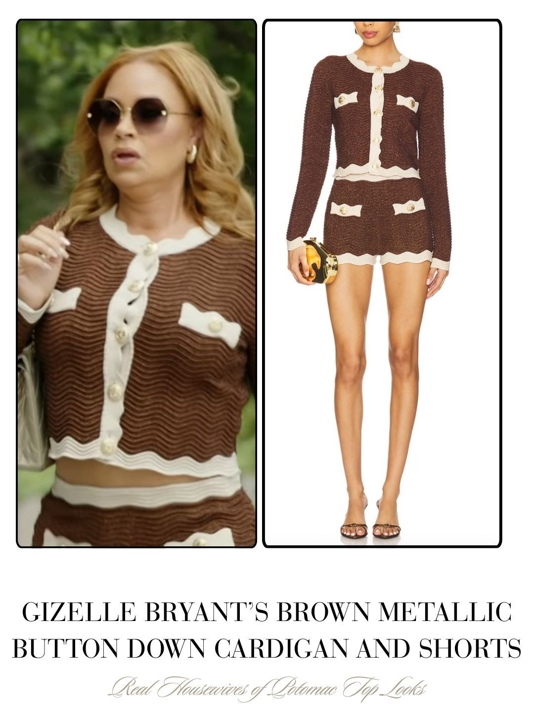 Gizelle Bryant’s Brown Metallic Button Down Cardigan and Shorts 