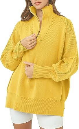 LILLUSORY Women's Long Sleeve 1/4 Zipper Collar Drop Shoulder Oversized Split Hem Slouchy Pullove... | Amazon (US)
