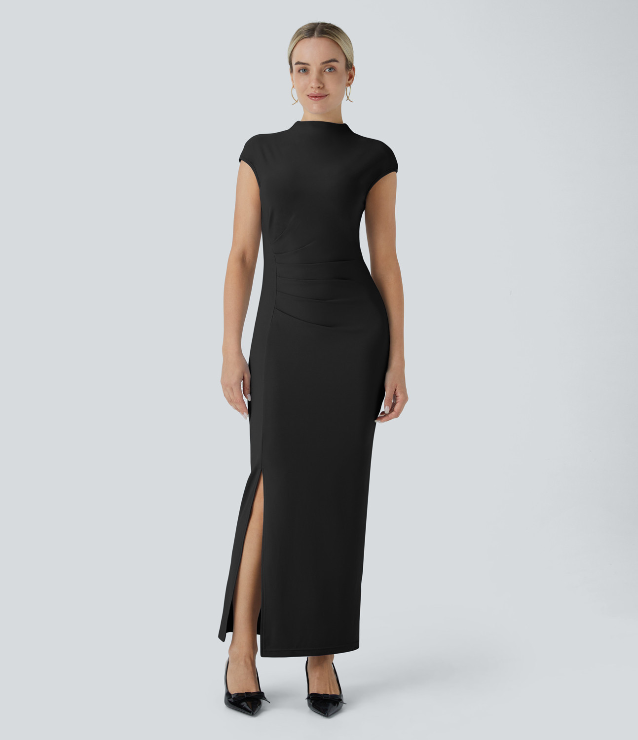 Halara Stand Collar Back Cap Sleeve Ruched Maxi Skinny Dress Casual Dress - Black - M slip dress beach dress ruched dress halter dress | HALARA