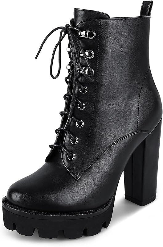 wetkiss Platform Boots for Women, Heeled Combat Boots Chunky Heel Booties Round Toe Lace Up High ... | Amazon (US)