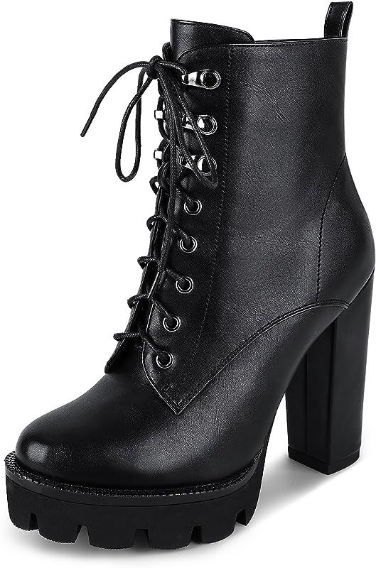 wetkiss Platform Boots for Women, Heeled Combat Boots Chunky Heel Booties Round Toe Lace Up High ... | Amazon (US)