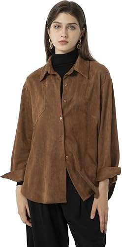 Ababalaya Women Button Down Suede Shirt Long Sleeve Blouse Top Casual Vintage Dressy Shirt 2025 Fall Clothes Coffee,M | Amazon (US)