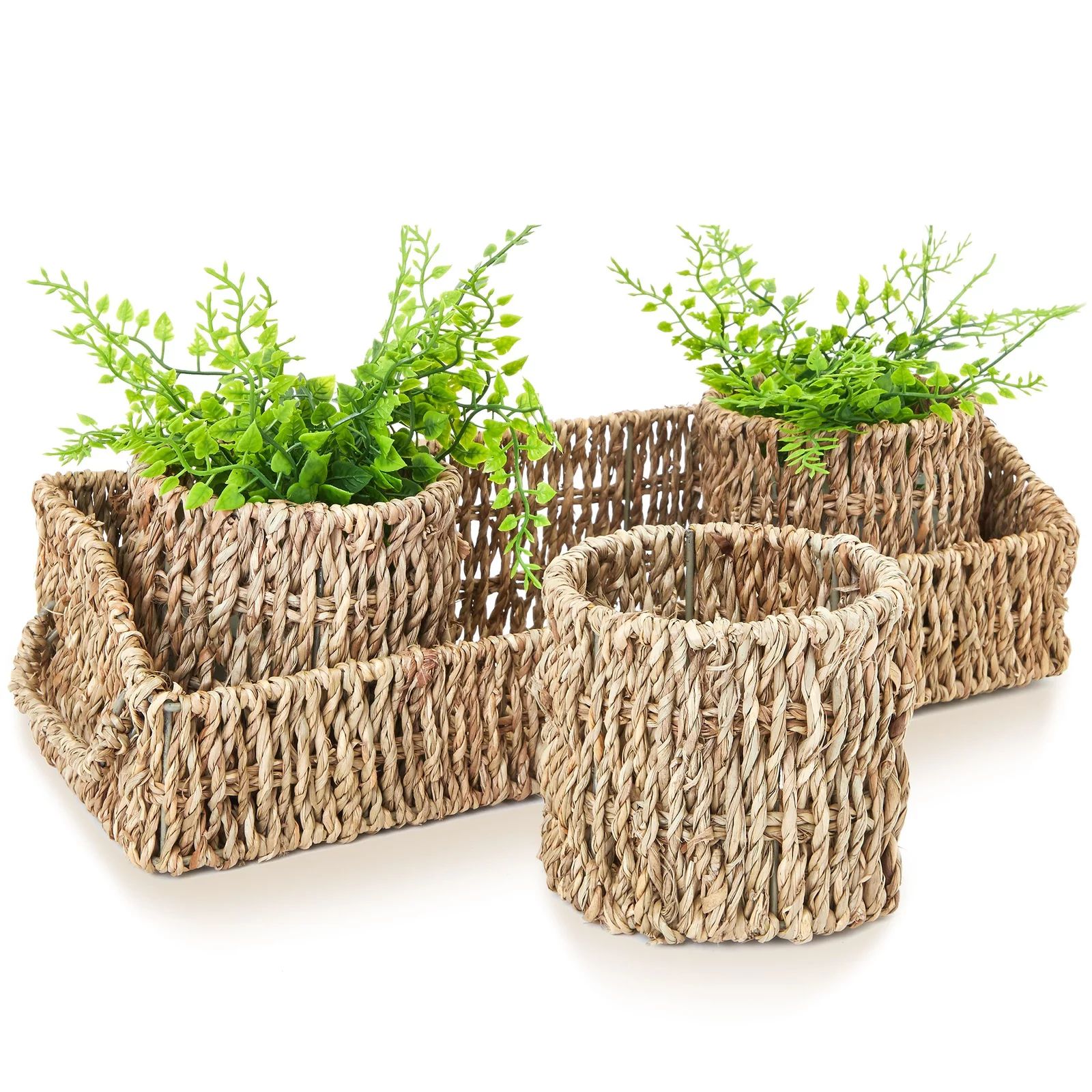 Set of 3 Wicker Round Storage Baskets for Shelves with Rectangular Seagrass Tray, Brown | Walmart (US)