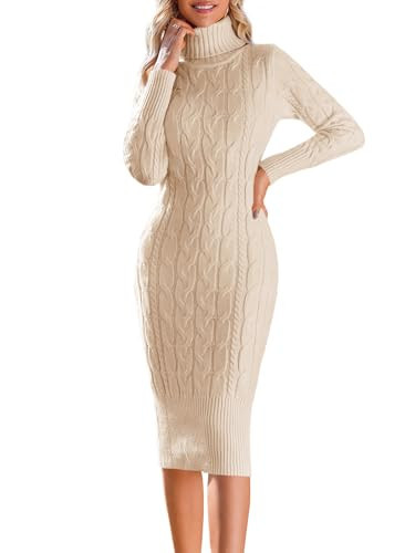 Fangetey Womens Long Sleeve Turtleneck Sweater Dresses Knitted Bodycon Midi Sheath Jumper Dresses Beige | Amazon (US)