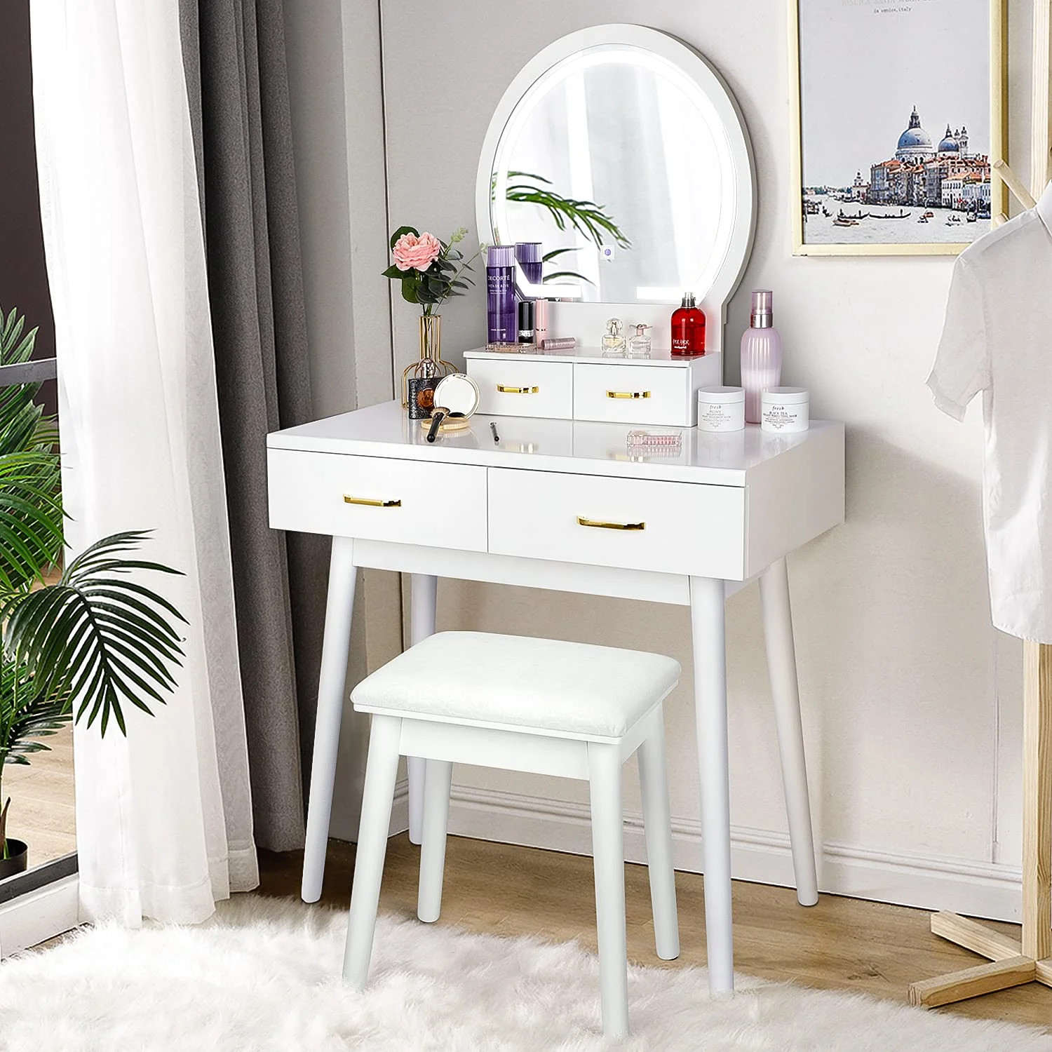 amzdeal Modern Vanity Set with Lighted Mirror, Bedroom Women Makeup Table with Stool,White | Walmart (US)