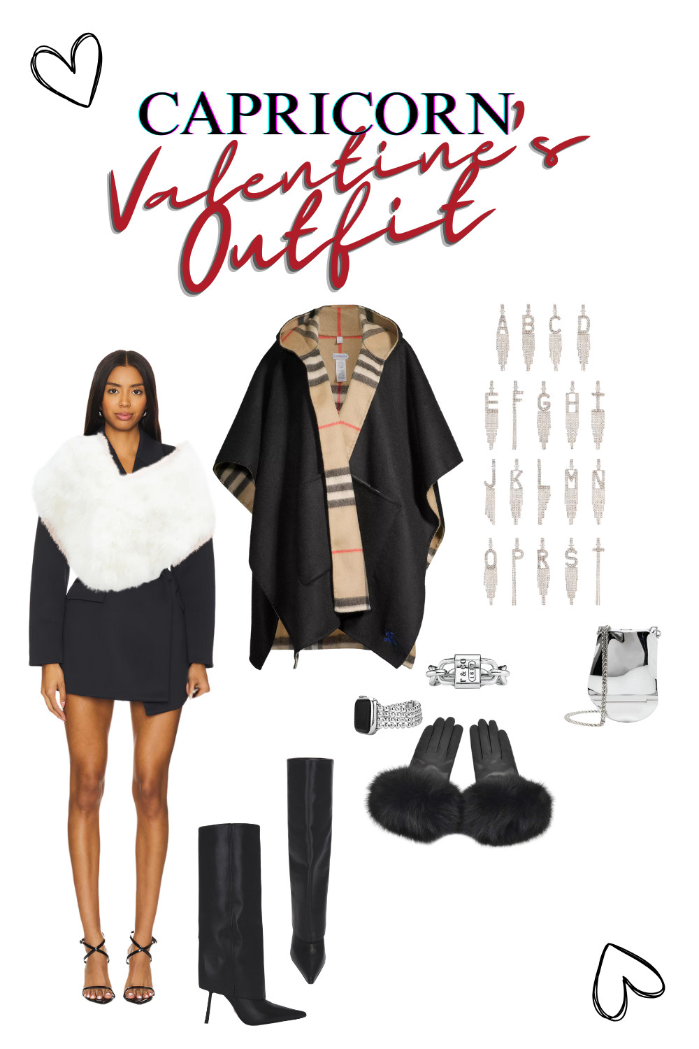 Valentine's Outfit for the Capricorn Venus, Rising, and/or Sun. Practically impractical pieces are your bread and butter...
⠀⠀⠀⠀⠀⠀⠀⠀⠀⠀⠀⠀⠀⠀⠀⠀⠀⠀⠀⠀⠀⠀⠀⠀⠀⠀⠀⠀⠀⠀⠀⠀⠀
Sky high stiletto boots that crush hearts paired with a blazer dress (that can double for a work event yay!). Barely bracing the cold weather in a cashmere cape and faux fur bc a winter coat would compromise the fit. Your Apple Watch band is a must so people know you value health - and finally - a micro mini bag that can’t fit anything but gloss in it because you don’t always take life “that” seriously. 😉 

 #LTKSeasonal #LTKParties #LTKStyleTip