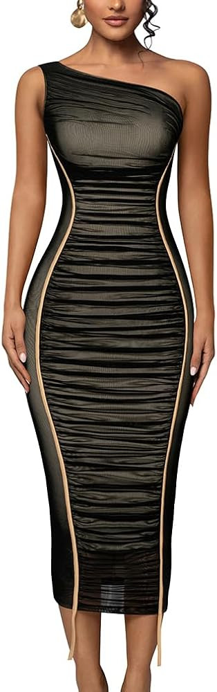 LAGSHIAN Women's Sexy Bodycon Cocktail One Shoulder Sleeveless Mesh Ruched Midi Party Dress | Amazon (US)