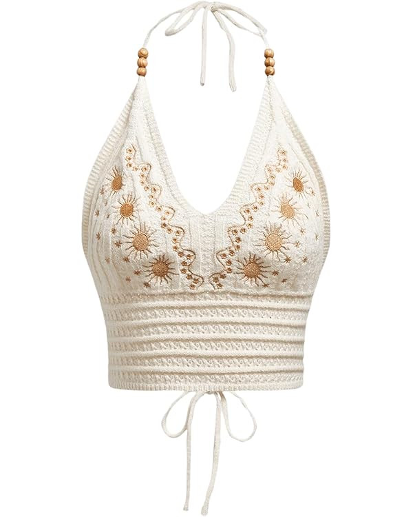 SHENHE Women's Open Back Knitted Halter Crop Top Tie Backless Embroidered Hippie Top | Amazon (US)