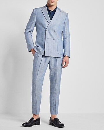 Slim Blue Herringbone Belted Linen Cropped Suit | Express