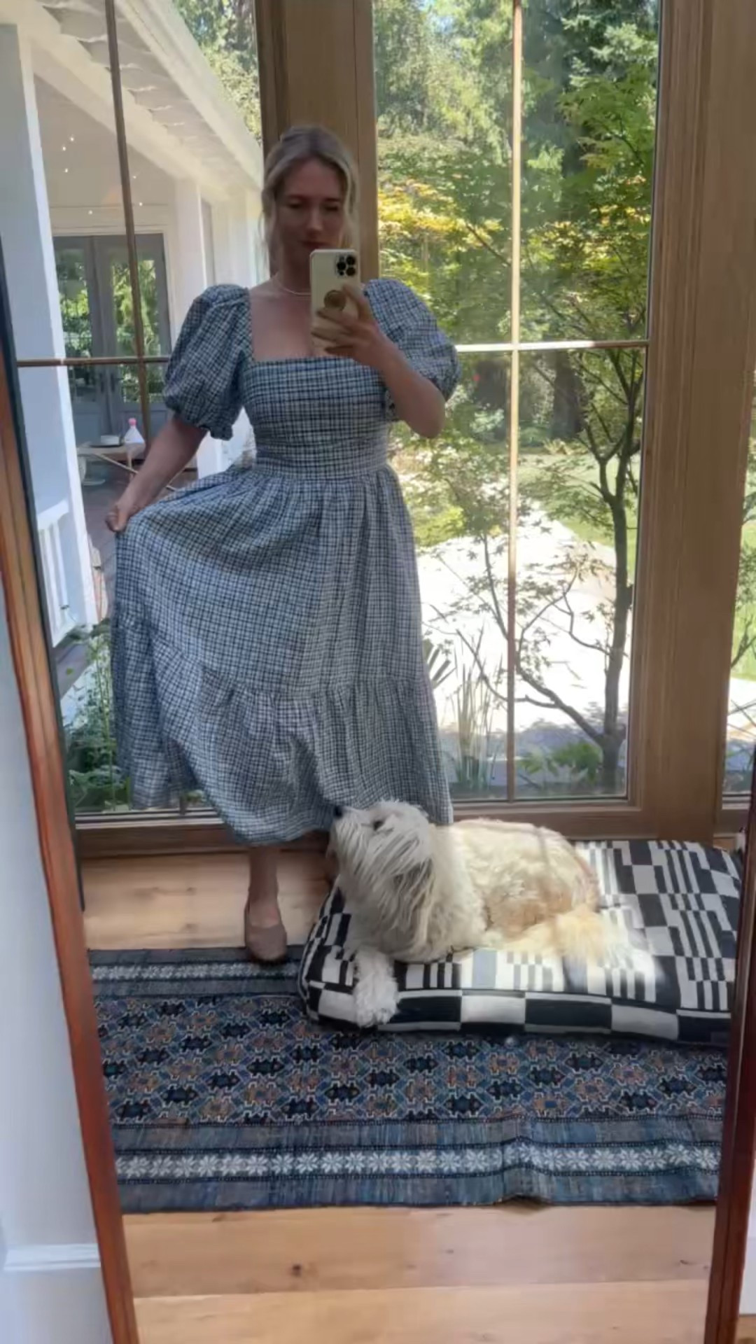 I tried the viral Abercrombie dress! I have larger ladies and a short torso, I really thought that the fitted bodice would crawl up and make me look pregnant (true story for all the Reformation dresses designed like this), but I was so pleasantly surprised by the structure of this dress! I really love it (with one caveat). It’s comfortable, drapes really well, obviously the sleeves are flattering, and the bodice slimming and just so easy to wear (shout out to the alllllll the various patterns). My only issue is that I only have one bra that has wide enough straps and a low enough back to not be seen. I actually think it’s best to not wear a bra with this dress, but I’m not terribly comfortable doing that. The square neck is very wide, and it’s not that the back is super low it’s that my supportive bras just have a thicker strap that does ride up higher. The sale price of this is an incredible deal (and it’s too hot to buy fall right now!). If you are in between sizes, size down – I’m in between small and medium in most things right now and bought a small, which fits great. I was prepared to say “cute dress, not for me” but I’m excited to announce that even if you are apple shaped, with a bigger bosom, this dress is very flattering and makes me feel good (just beware of the bra needs).