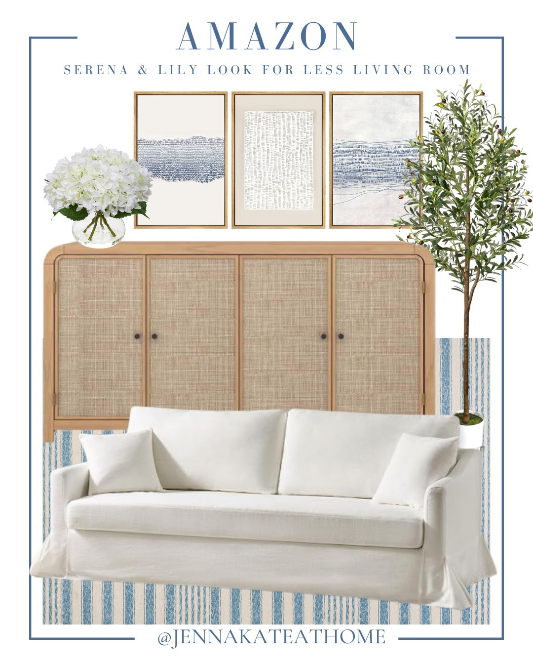 Serena & Lily looks for less living room includes sofa, buffet, area rug, wall art, floral arrangement, and faux tree.

Coastal home, styled home, looks for less, home decor

#LTKSaleAlert #LTKHome #LTKSeasonal