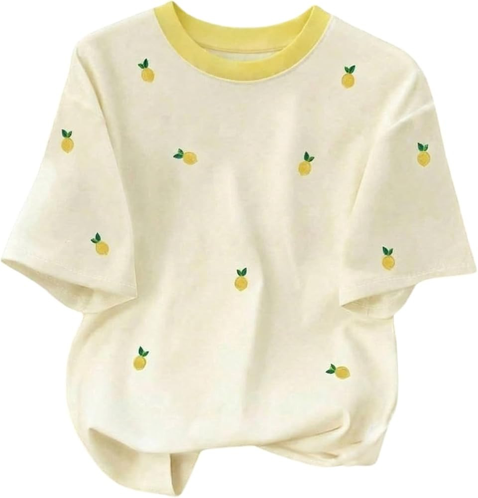 RoseSeek Women's Lemon Print Cute Tops Crew Neck Short Sleeve T Shirts Casual Summer Tops | Amazon (US)