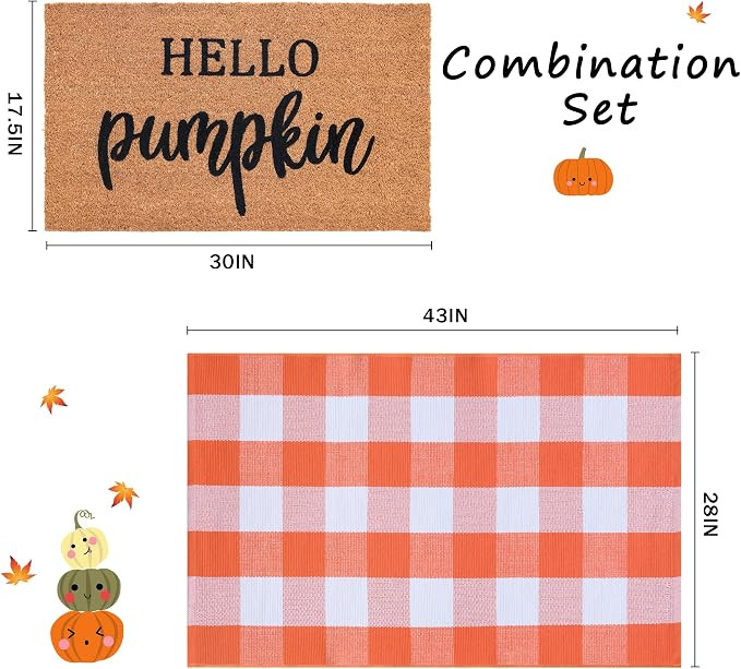 Fall Decor Door Mat Combo Set, 100% Coco Coir Welcome Mat + 28 x 43 Inches Orange and White Plaid... | Amazon (US)