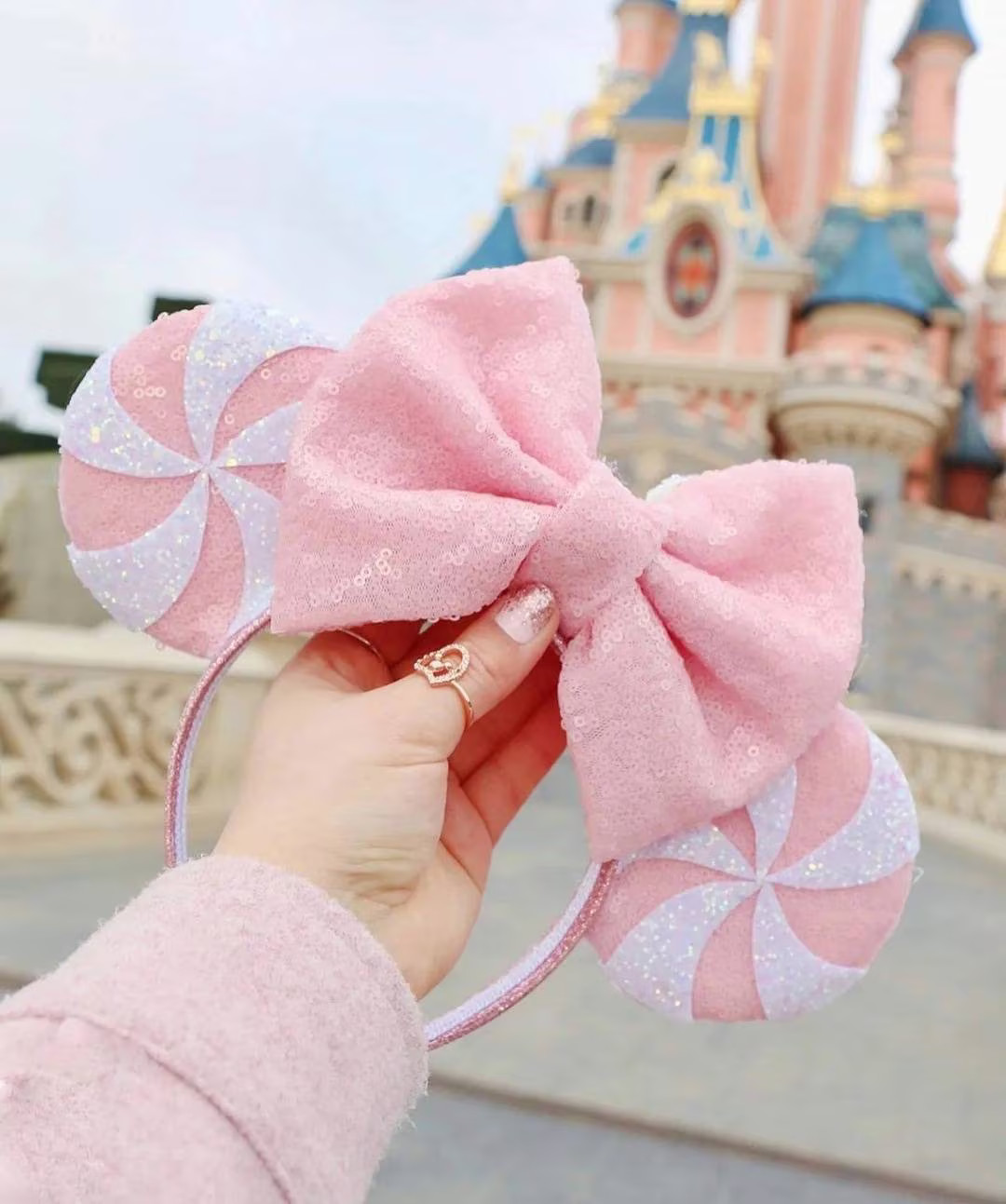 Sequin Candy Cane Minnie Mouse Ears With Large Sequin Bow - Etsy | Etsy (US)