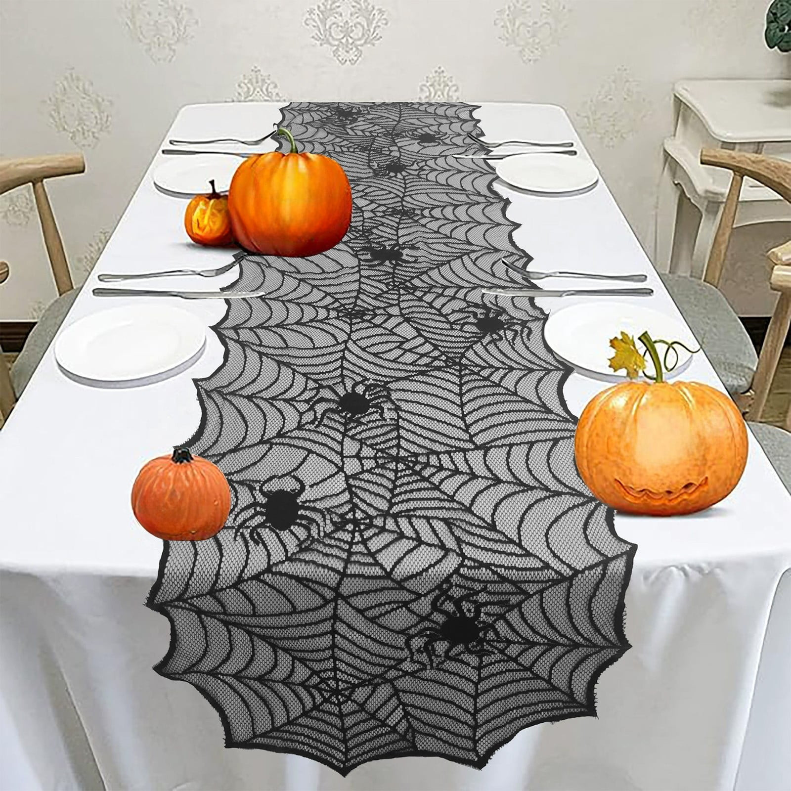 Halloween Spiderweb Tablecloth - 64x17.5in Lace (Black, Washable) | Walmart (US)