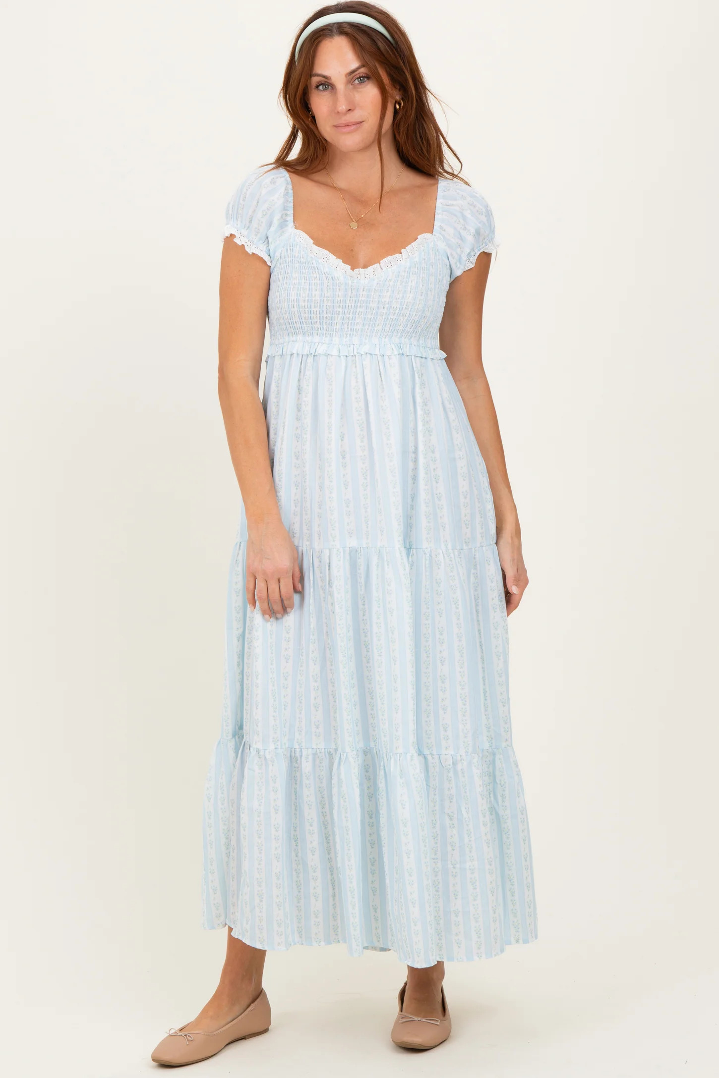 Light Pink Floral Lace Trim Tiered Maxi Dress | PinkBlush Maternity