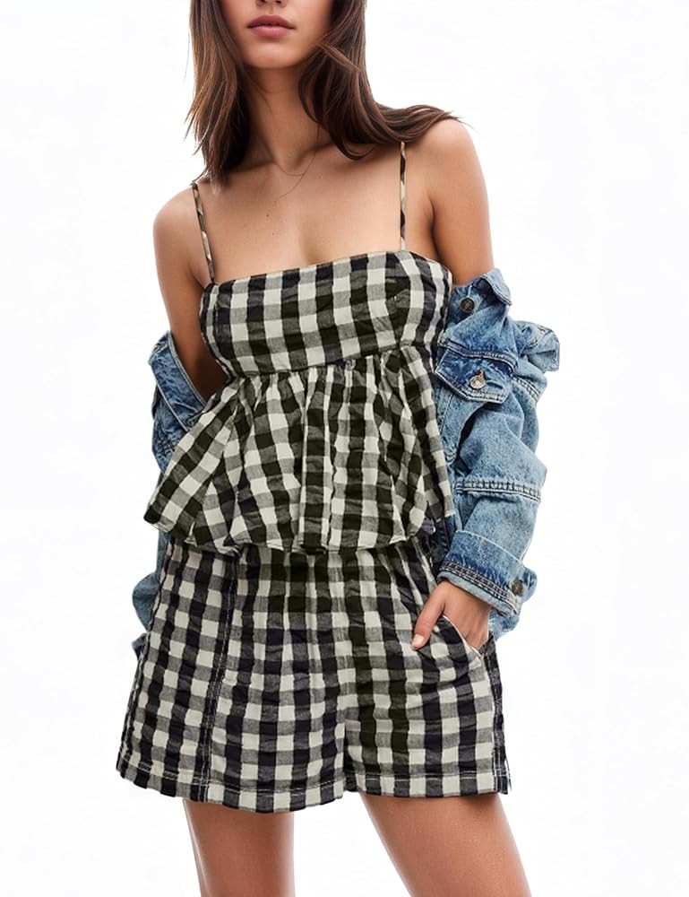 Gingham 2 Piece Lounge Sets For Women Plaid Sleeveless Peplum Crop Tank Tops Boxer Shorts Sets Ma... | Amazon (US)