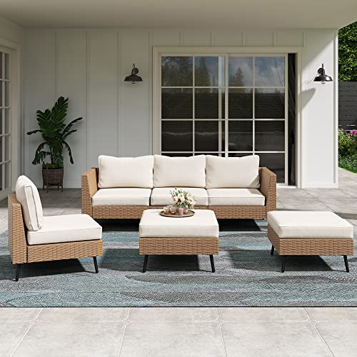 LAUSAINT HOME Outdoor Patio Furniture, 6 Piece Outdoor Sectional Sofa PE Rattan Wicker Patio Conversation Sets, All Weather Patio Furniture Set with Thick Cushions for Garden, Backyard(Beige) | Amazon (US)