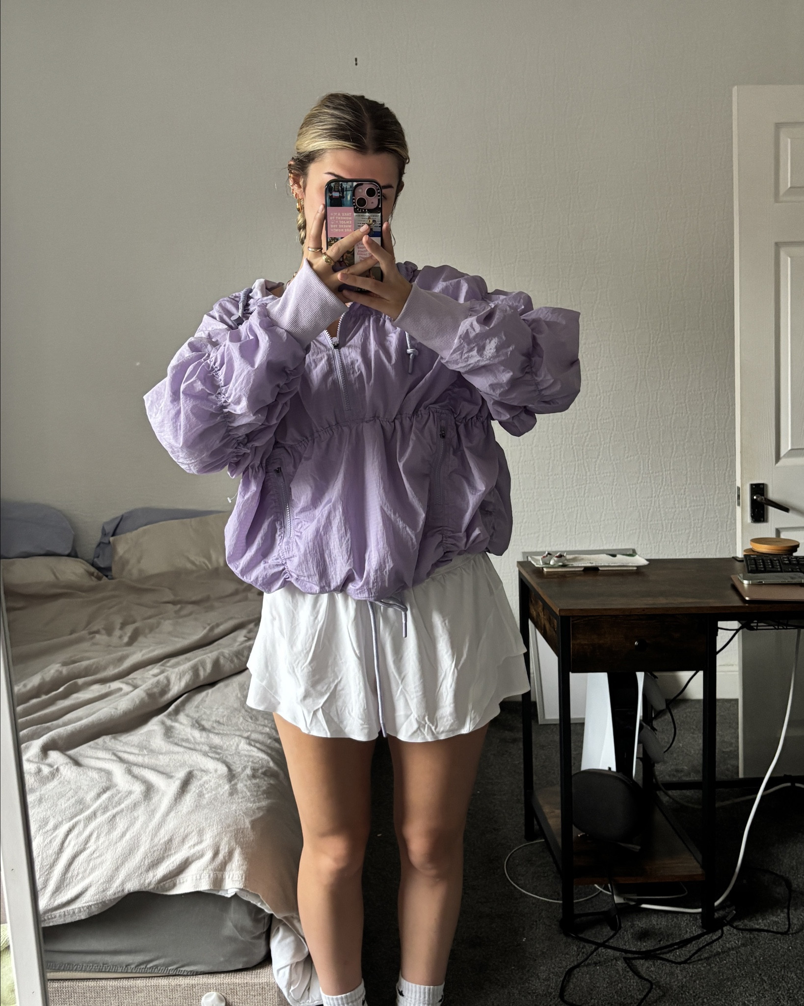 Cute summery running workout outfit 🧚🏻 purple free people jacket, white lululemon running shorts, and asics trainers!!💜💜

#LTKsummer